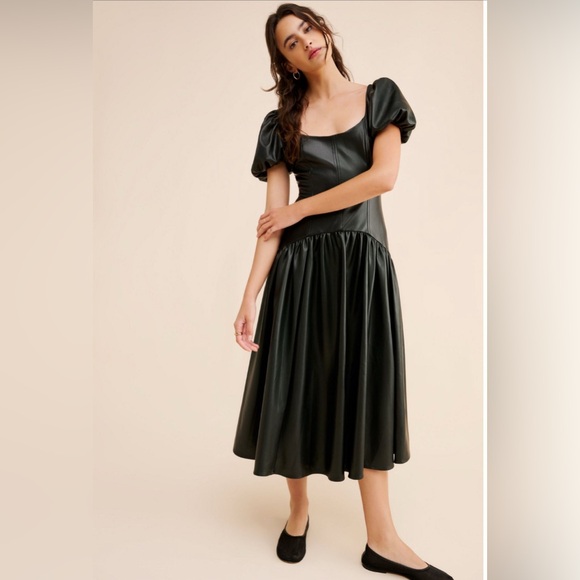 Hutch Dresses & Skirts - Anthropologie Hutch Black faux vegan leather drop waist Puff Sleeve Midi Dress